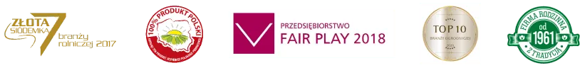 Wyróżnienia: Złota Siódemka branży rolniczej, 100% Produkt Polski, Fair Play 2018, Top 10 branży ogrodniczej, Firma Rodzinna z Tradycją